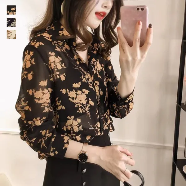 【全3色】シャツ花模様プリント長袖 | 大人女子必見!