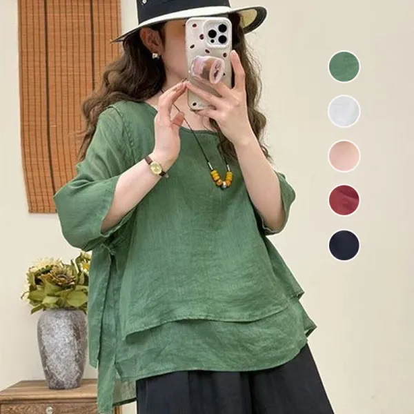 【全5色】シャツ無地ラウンドネック五分袖｜ゆったり