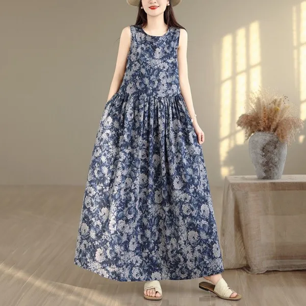 プリントワンピースAラインラウンドネック｜一枚で視線を奪う