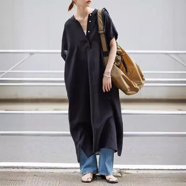 欠かせない流行の予感主役級Vネックコットンボタンシンプルレディースカジュアルワンピース