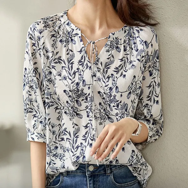 女っぽさが漂う プリント プルオーバー セレブリティ 高級感 ラウンドネック ブラウス