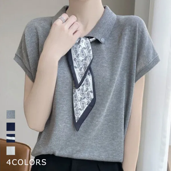 【全4色】ポロシャツボーダー POLOネック 無地フリル袖 半袖 | コーデの主役に！