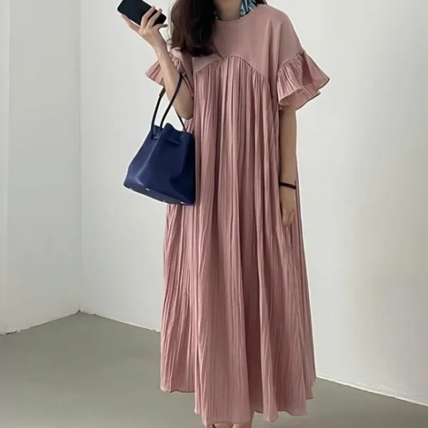 マキシワンピース 半袖 Aライン ギャザーワンピース ハイウエスト 脚長効果 フレア袖 ロングワンピース レディース マキシ丈 ふんわり ビッグシルエット 体型カバー 無地 カジュアル 春 夏 プリーツ 大人可愛い 着痩せ おしゃれ きれいめ 妊娠服 マタニティ
