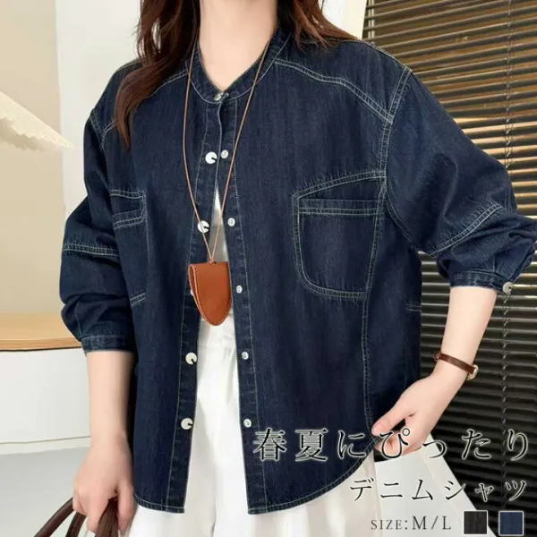 デニム シャツ ジャケット レディース 春 夏 バンドカラー デニムシャツ デニムジャケット ノーカラー 長袖 アウター コート トップス 大きいサイズ ノーカラージャケット 薄手 羽織 ボリューム袖 長そで ライトアウター ゆったり ポケット カジュアル 40代 50代