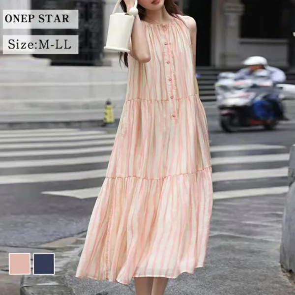 ストライプ前ボタンロングワンピース レディース ワンピース ノースリーブ ロング丈 前ボタン ストライプ 大人ナチュラル 春 夏 20代 30代 40代 50代 ワンピスター