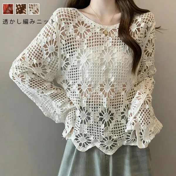 ニット 透かし編み レディース 春 夏 Tシャツ トップス プルオーバー メッシュ クロシェ編み かぎ編み ニットプルオーバー 長袖 クルーネック レイヤード シアー ゆったり 大きいサイズ 体型カバー ナチュラル カジュアル オシャレ レッド アイボリー コーヒー色