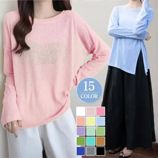 選べる2タイプ スリット入り シアー シャツ シフォン ラウンドネック 透け感 トップス 長袖 レディースファッション ゆったり 楽ちん オーバーサイズ 体型カバー カジュアル オフィス 仕事着 40代 50代 60代 ワンピスター