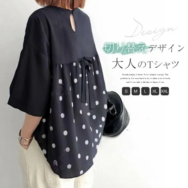 ドット ｔシャツ レディース ブラウス チュニックブラウス チュニック 半袖シャツ トップス プルオーバー 水玉柄 クルーネック 大人可愛い 森ガール キレイめ カジュアル 通勤 大きいサイズ ゆったり エレガント 春 夏 秋