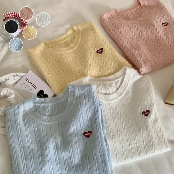 【全5色】Tシャツニット半袖ハート柄伸縮性あり｜着痩せ可愛い