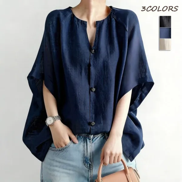 【全3色】 シャツ半袖ボタンラウンドネックフレア袖無地 | 人気新作
