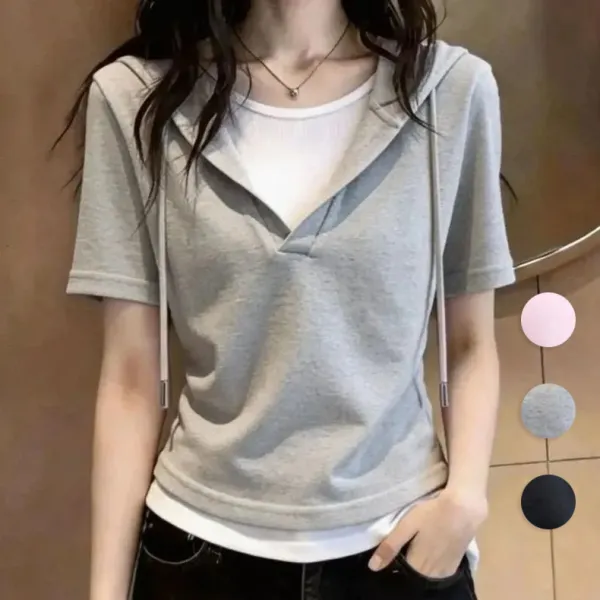 【全3色】Tシャツ半袖フード付き切り替え重ね着風｜ゆったり可愛い