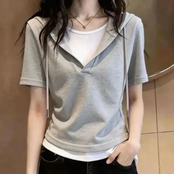 【全3色】Tシャツ半袖フード付き切り替え重ね着風｜ゆったり可愛い