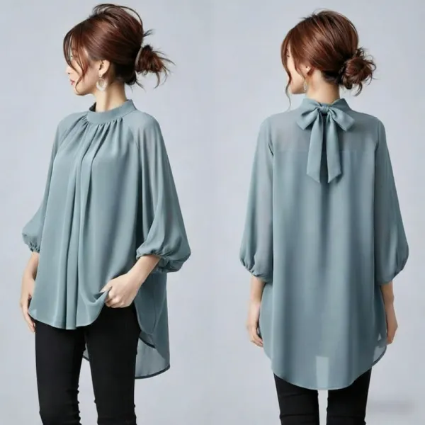 毎日モテ続けちゃう！ リボン プリーツ リボン結び 七分袖 無地 カジュアル シフォンシャツ