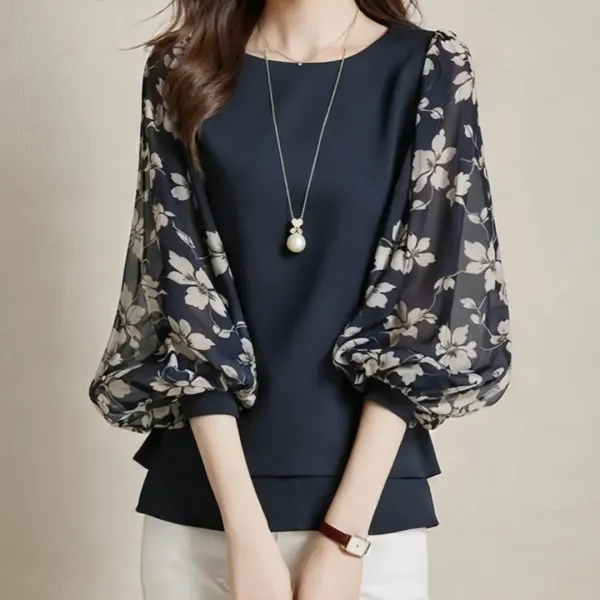 品登場☆オススメ 七分袖 プルオーバー ランタンスリーブ ラウンドネック プリント シンプル シフォンシャツ