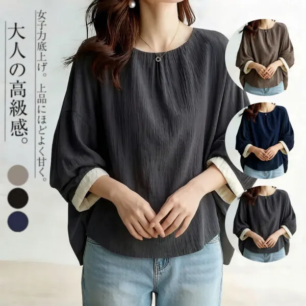 新品登場☆オススメ ラウンドネック プルオーバー ドルマンスリーブ 配色 五分袖 カジュアル Tシャツ