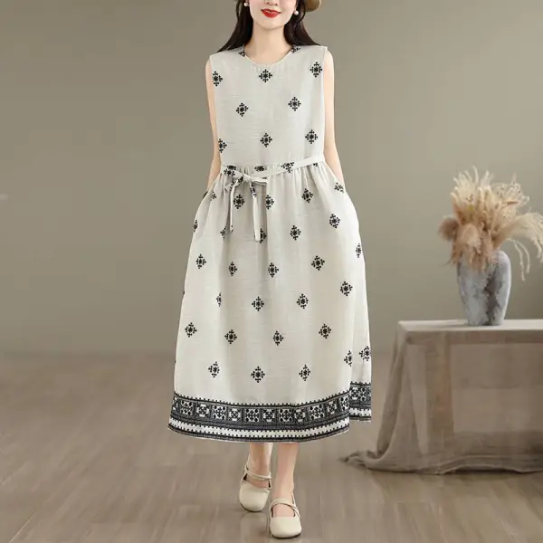 ワンピース  ベージュ  コットン  ノースリーブ  ゆったり  クルーネック  通勤/OL  綿麻  文芸  なし  気質  春夏  新作  レディース