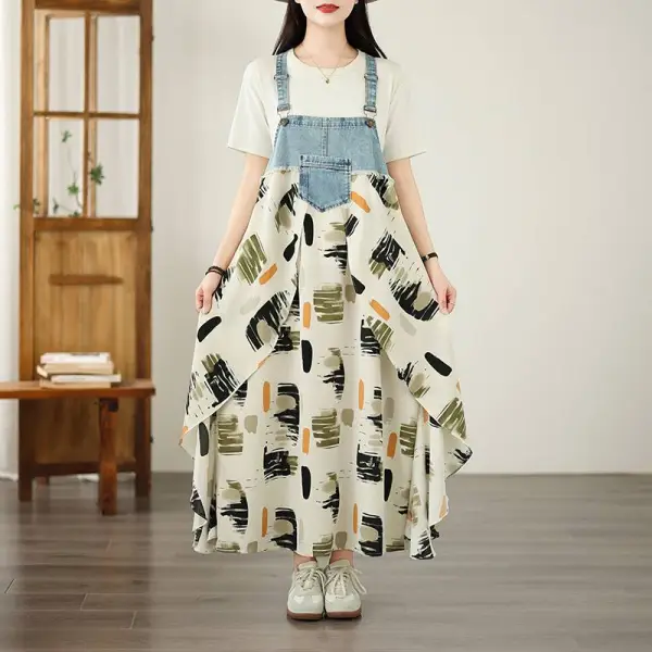 新作フリルデザインゆったりシフォンプリント×デニム切替サロペットミディ丈ワンピース
