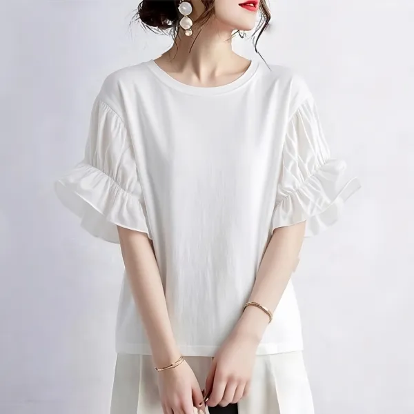 Tシャツ  無地  スピーカースリーブ  ギャザー  半袖  スリムに見える  ゆったり  クルーネック  夏服  新作  日本風  レディース