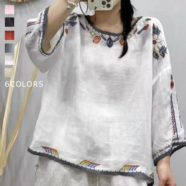 【全6色】Tシャツラウンドネック刺繍切り替え七分袖プリント | 女性に大人気