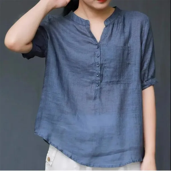 シャツ  無地  カジュアル  ベージュ  コットン  半袖  スリムに見える  ゆったり  Vネック  夏服  綿麻  文芸  薄  気質  流行  レディース  大きめサイズ