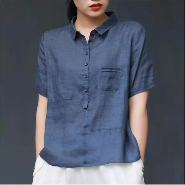 シャツ  無地  カジュアル  ベージュ  コットン  半袖  スリムに見える  ゆったり  Vネック  夏服  綿麻  文芸  薄  気質  流行  レディース  大きめサイズ