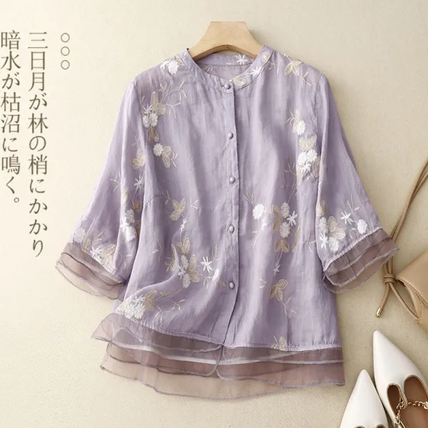 シャツ  切り替え  夏服  文芸  気質  新作  レトロ  刺繍  レディース