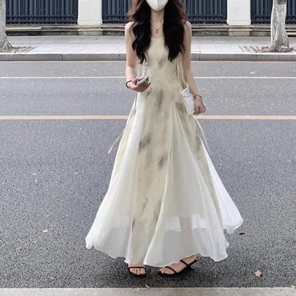 ワンピース  プリント  キャミソール  スリムに見える  ロング  夏服  気質  高級  レトロ  レディース  高級感