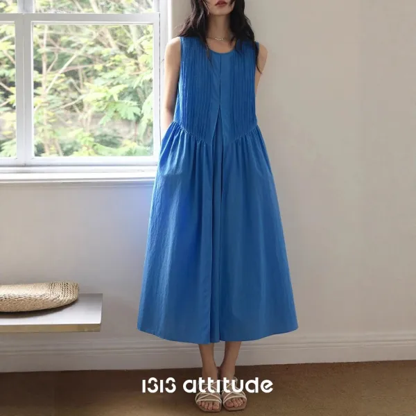 ブルー  ワンピース  シルク  タンクトップ  ノースリーブ  夏服  なし  レディース