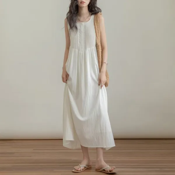無地  ワンピース  ベージュ  タンクトップ  コットン  ノースリーブ  夏服  綿麻  文芸  なし  新作  おしゃれ / ファッション  大きめサイズ