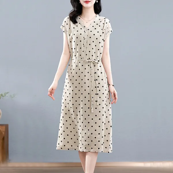 ドット  ワンピース  ベージュ  プリント  コットン  スリムに見える  ロング  Aライン  夏服  綿麻  気質  レーシング  新作  おしゃれ / ファッション