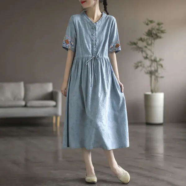 ワンピース  ベージュ  コットン  半袖  スリムに見える  夏服  綿麻  普通  ジャカード  ウォッシュー加工  新作  刺繍  レディース  ミディ丈 / ミディアム丈