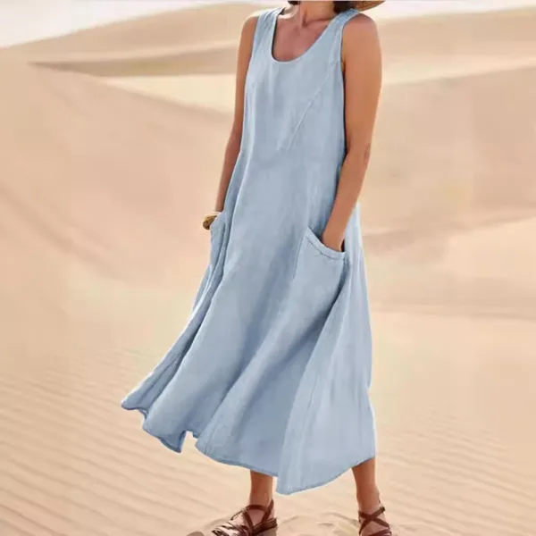 ワンピース  コットン  ノースリーブ  クルーネック  夏服  なし  コットン100%  ポケット  レディース