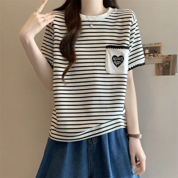 Tシャツ半袖ラウンドネックボーダー｜ゆったり可愛い