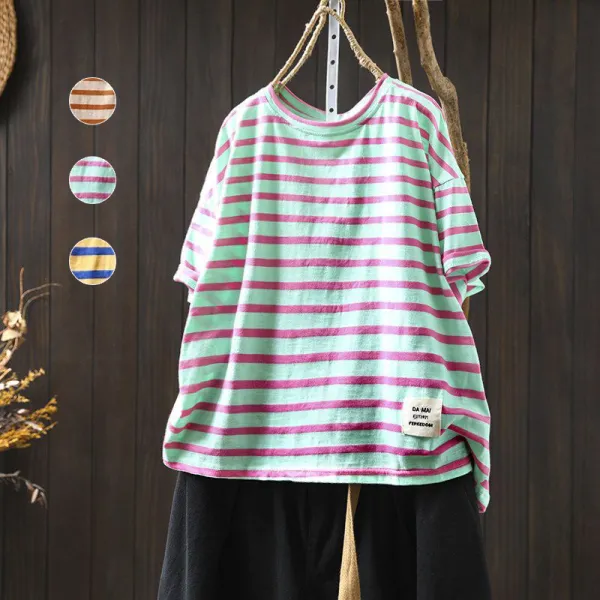 【全3色】Tシャツラウンドネックボーダー半袖｜ゆったり可愛い
