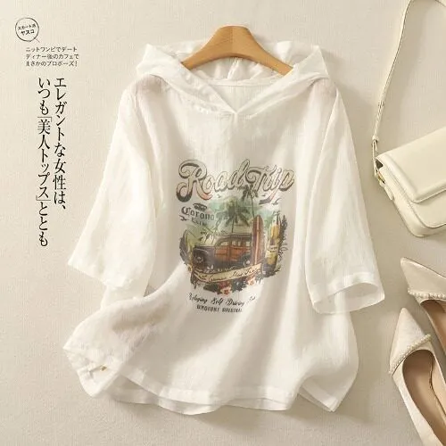 【全4色】Tシャツ五分袖プリントフード付き｜ゆったり可愛い