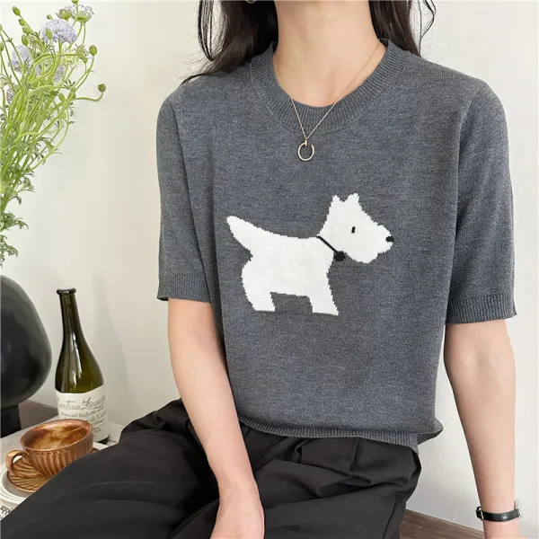大人可愛い トレンド感 サマーニット tシャツ ジャガード 犬 グレー 半袖 オーバーサイズ インナー トップス 2026 夏新作 デイリー レディース