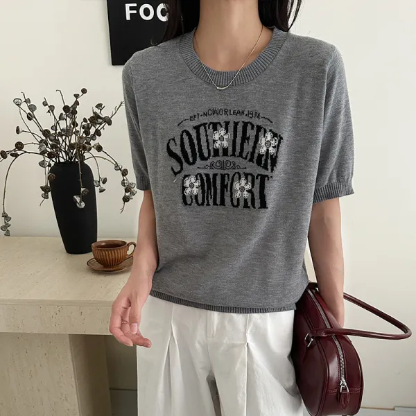 【新作】2026年 夏　レディース 薄手 カットソー　グレー 氷糸 ニット　シンプル ショート丈　半袖 Tシャツ　カジュアル