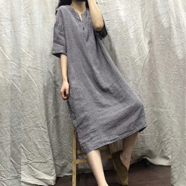 【新作】2026年 綿麻 チェック ワンピース　半袖 Vネック ミモレ丈 Aライン　ゆったり 体型カバー　大きいサイズ レディース