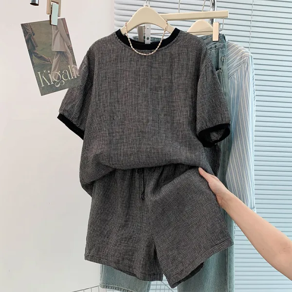 【新作】リネン チェック Tシャツ ワイドパンツ 2点セット　ゆったり リラックス カジュアル　レトロ アンティーク風　レディース