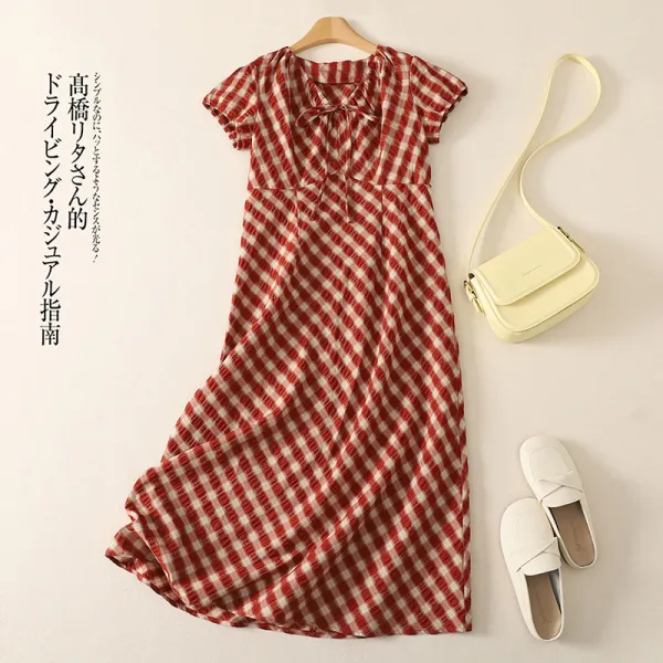 【新作】夏 レトロ チェック コントラストカラー　Vネック フレンチスリーブ ギャザー　ウエストマーク 着痩せ　リゾート デイリー　レディース ワンピース