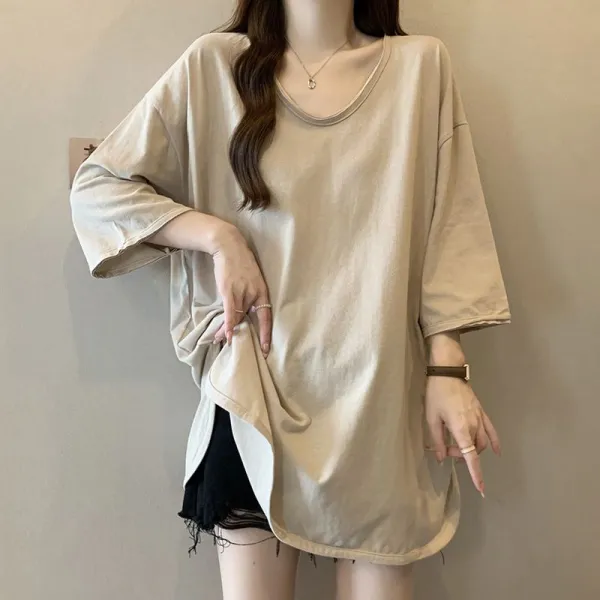 【全4色】Ｔシャツスリットラウンドネック無地七分袖｜ファッション感満々