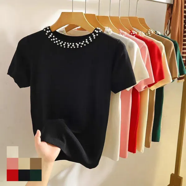 【全7色】Tシャツビーズ半袖無地ラウンドネック | 見逃し厳禁