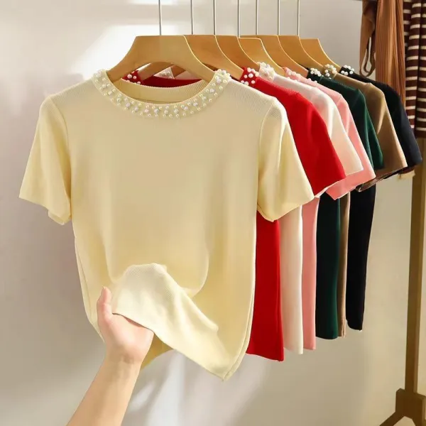 【全7色】Tシャツビーズ半袖無地ラウンドネック | 見逃し厳禁