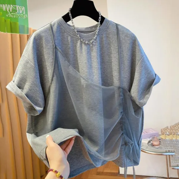 【全3色】Tシャツ半袖無地ラウンドネック切り替え｜ゆったり大人可愛い