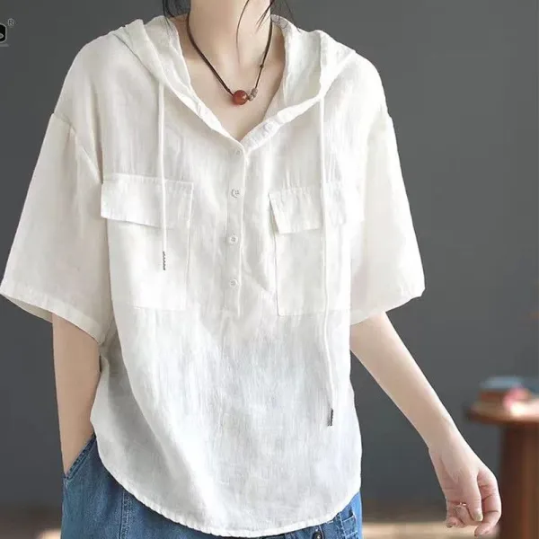 【全4色】Tシャツ半袖ボタンポケット付き無地フード付き | 大流行新作