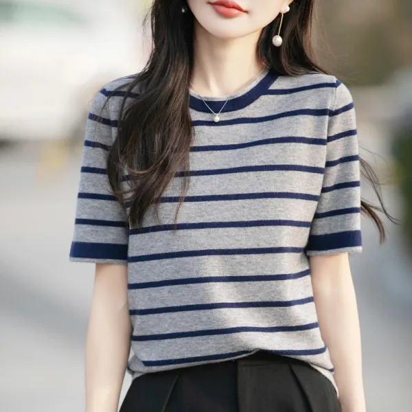 【全2色】Tシャツ半袖ボーダーラウンドネック｜ゆったり可愛い