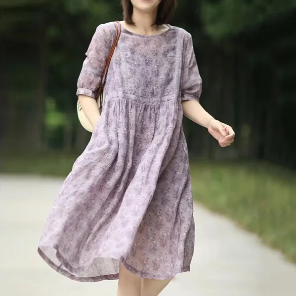 ワンピースプリント通気性良いAライン半袖 | 存在感抜群