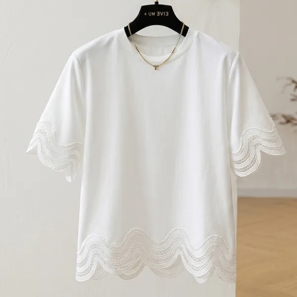 【全2色】Ｔシャツレース 切り替えラウンドネック | 大人可愛い