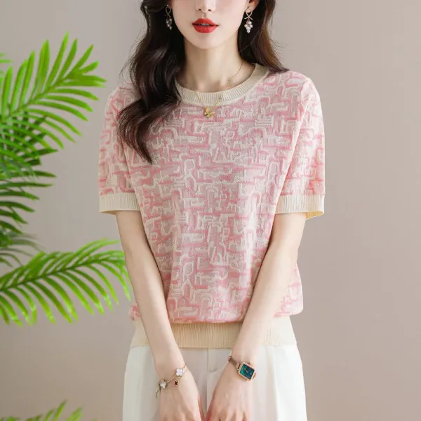 【新作】2026年 夏　半袖Tシャツ　薄手 ゆったり リラックス　レディース トップス　おしゃれ ママ 若見え ニット ジャガード
