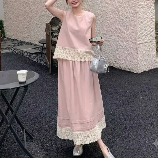 【２点セット】フェミニン 大人可愛い セットアップ リネン混 レース切り替え ノースリーブ ブラウス ロングスカート 夏新作 スタイルアップ お出かけ レディース
